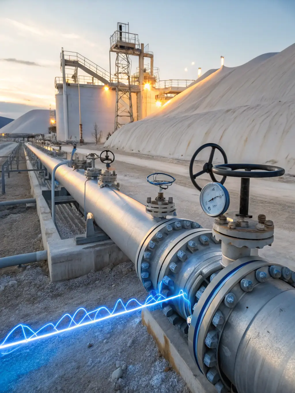 A long shot of a water transfer line running across a desert landscape, with pumping stations visible in the distance.
