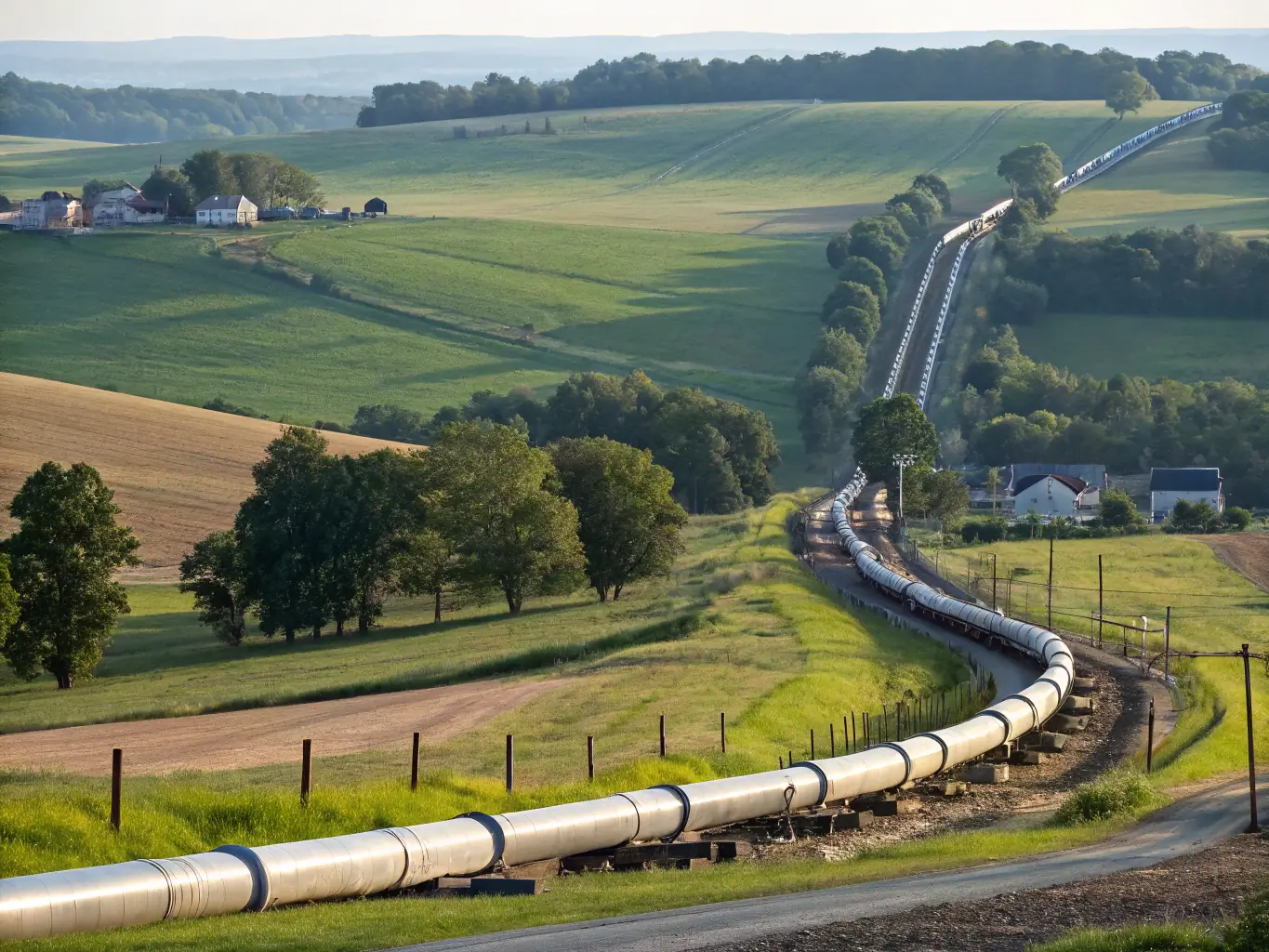 An aerial view of a completed pipeline network, showcasing the vast scale of the infrastructure and the seamless integration of the double-wall corrugated polyethylene pipes.