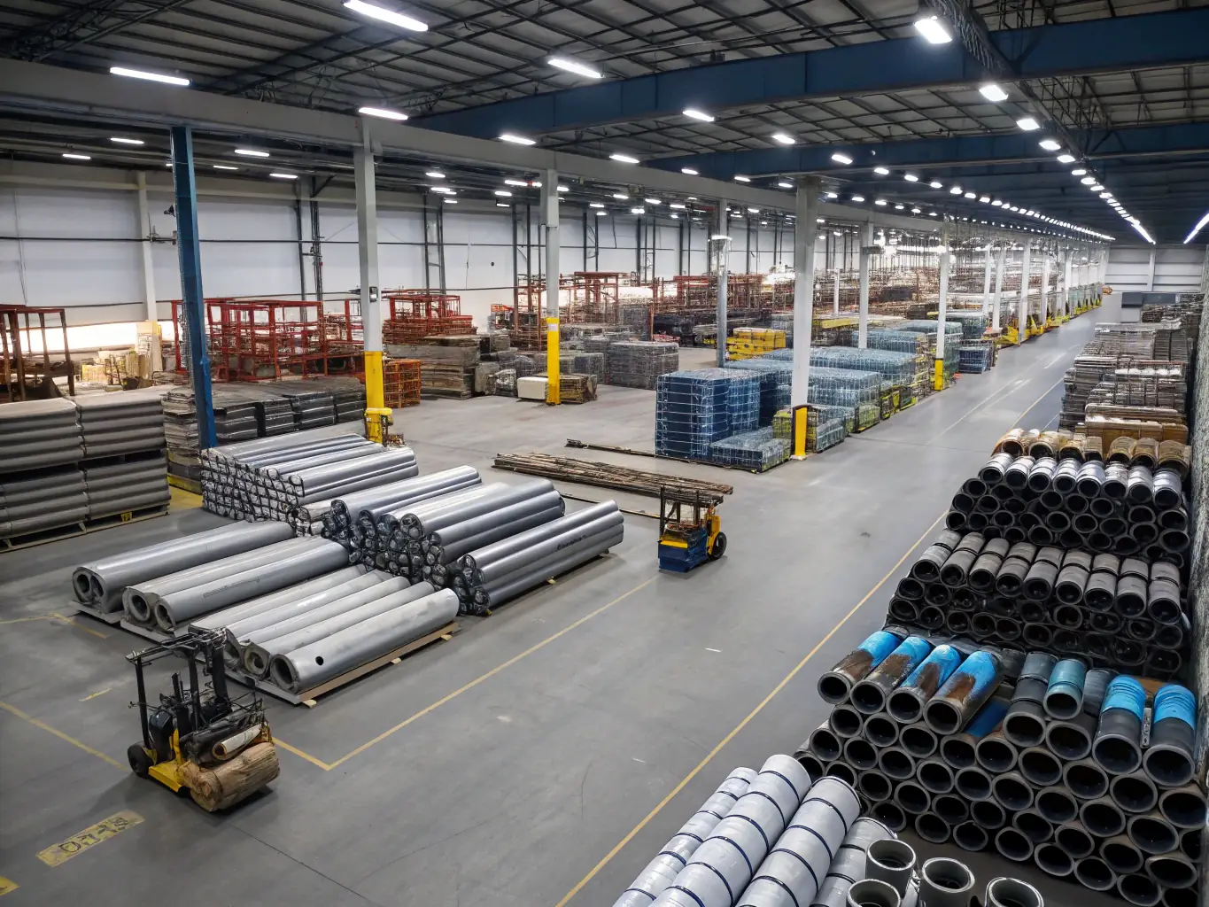 A high-angle shot of various sizes of HDPE pipes stacked neatly in a warehouse, showcasing the range of diameters available. The pipes are labeled with their sizes and standard compliance information.