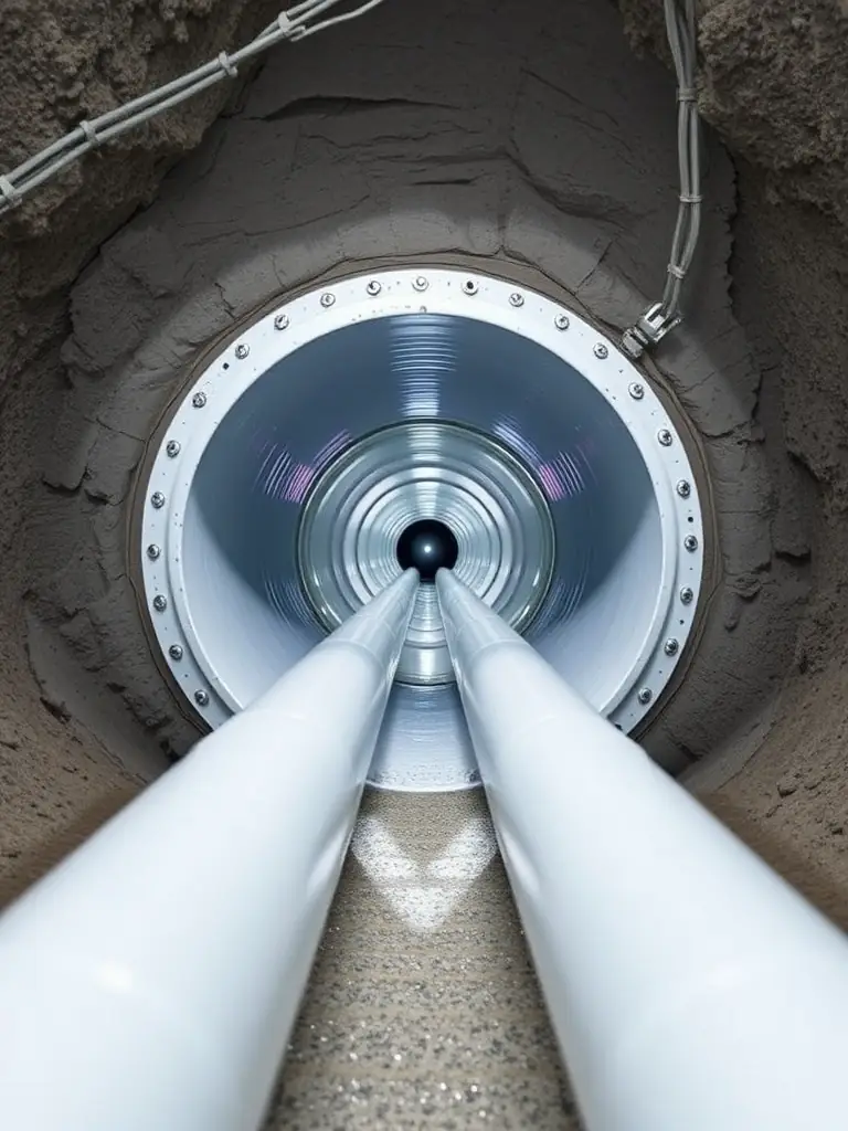 A high-resolution image of a PE100 pipe being used in a municipal drinking water network, emphasizing its robust construction and high-pressure capabilities. The pipe has a blue stripe.