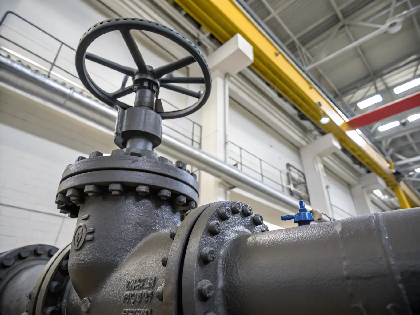 A high-resolution photograph showcasing a ductile iron gate valve installed in a municipal water supply pipeline, with workers in safety gear visible in the background, emphasizing the valve's role in water distribution.