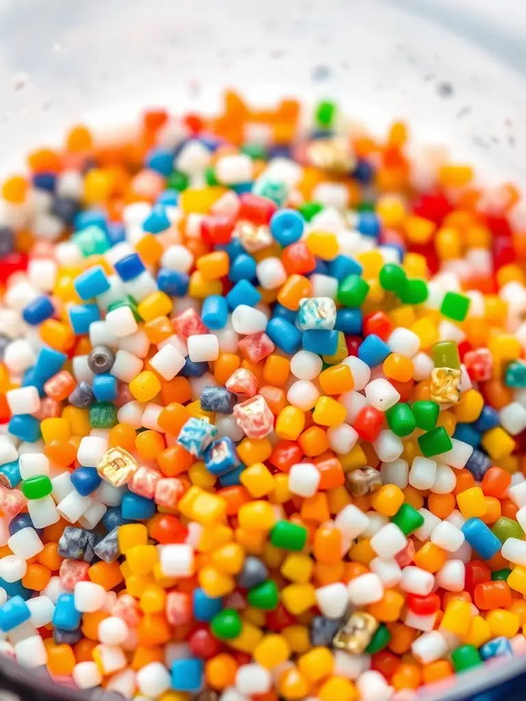 A close-up shot of a polyethylene granule sample undergoing tensile strength testing in a lab, highlighting the digital display showing the force applied. The background includes other testing equipment and lab personnel in white coats.