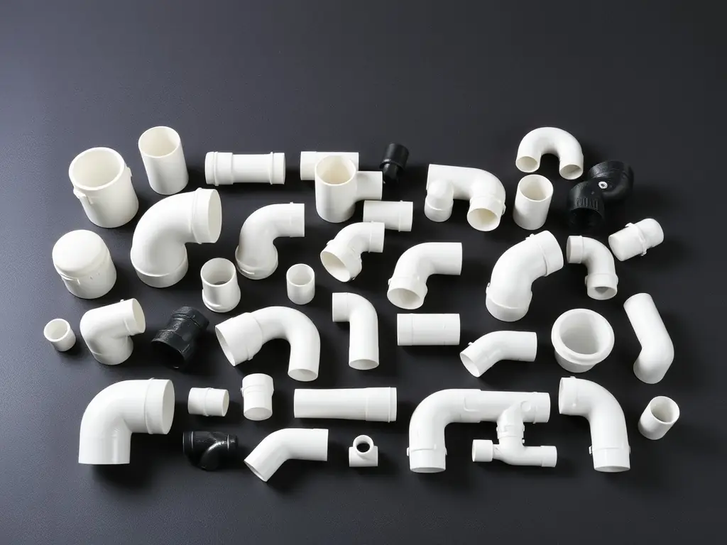 A medium shot of various polyethylene fittings, including electrofusion and injection fittings, laid out on a clean surface, showcasing their precision and quality.