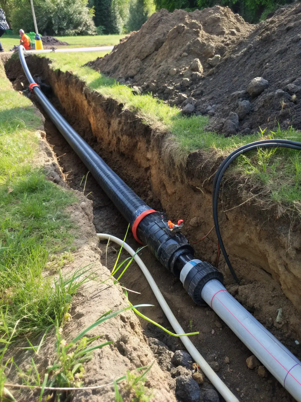 A close-up shot of a PE80 pipe being installed in an agricultural irrigation system, showcasing its flexibility and lightweight nature. The pipe has a blue stripe indicating its use for water applications.