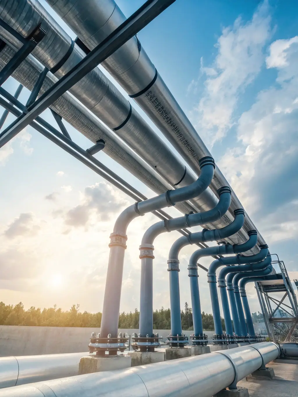 A high-angle, wide shot of a newly installed municipal water distribution system using blue HDPE pipes, showcasing the scale and modern infrastructure.
