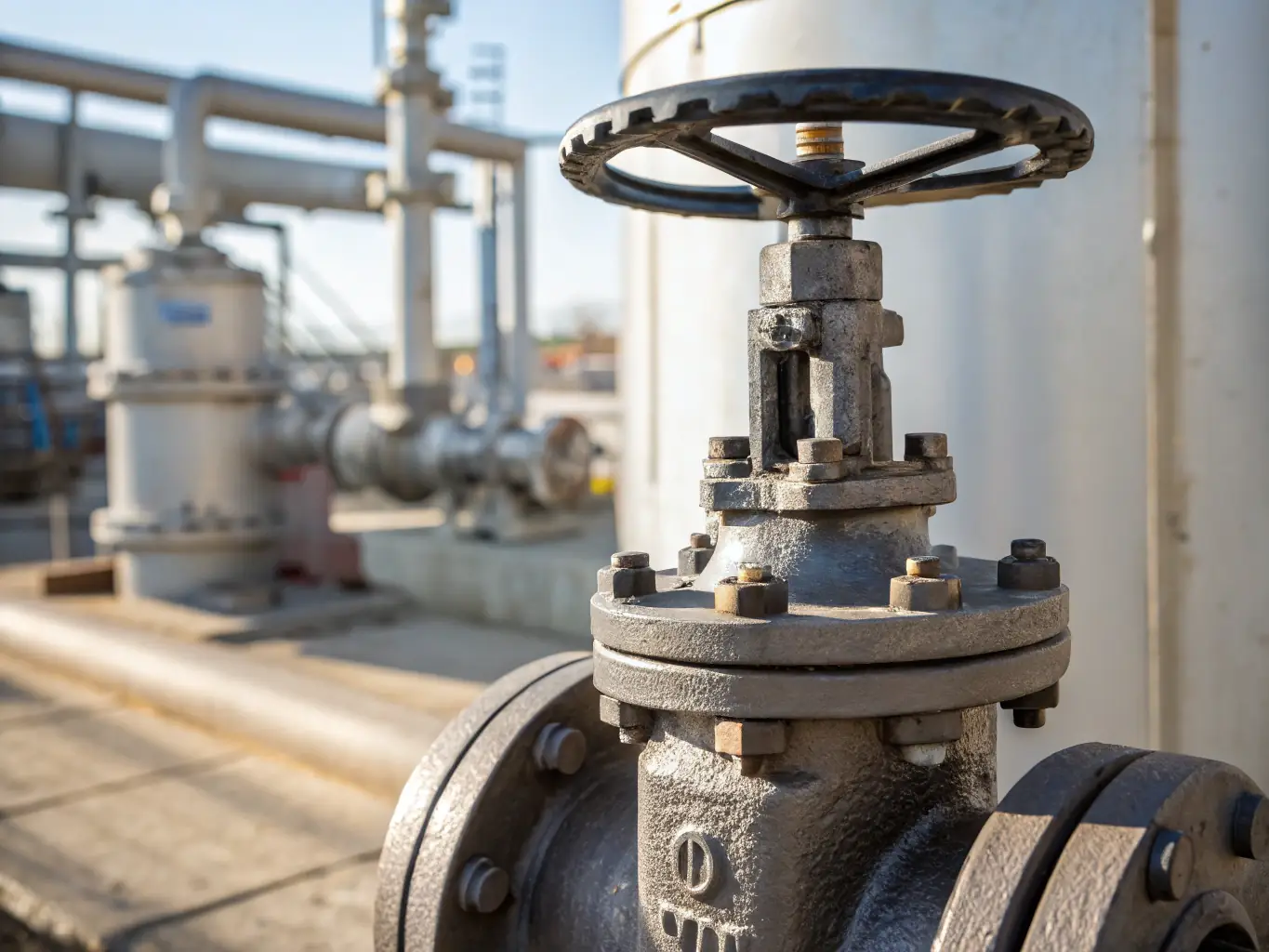 A close-up shot of a blue ductile iron valve, highlighting its sturdy construction and precise engineering, set against a blurred background of a water pipeline installation.