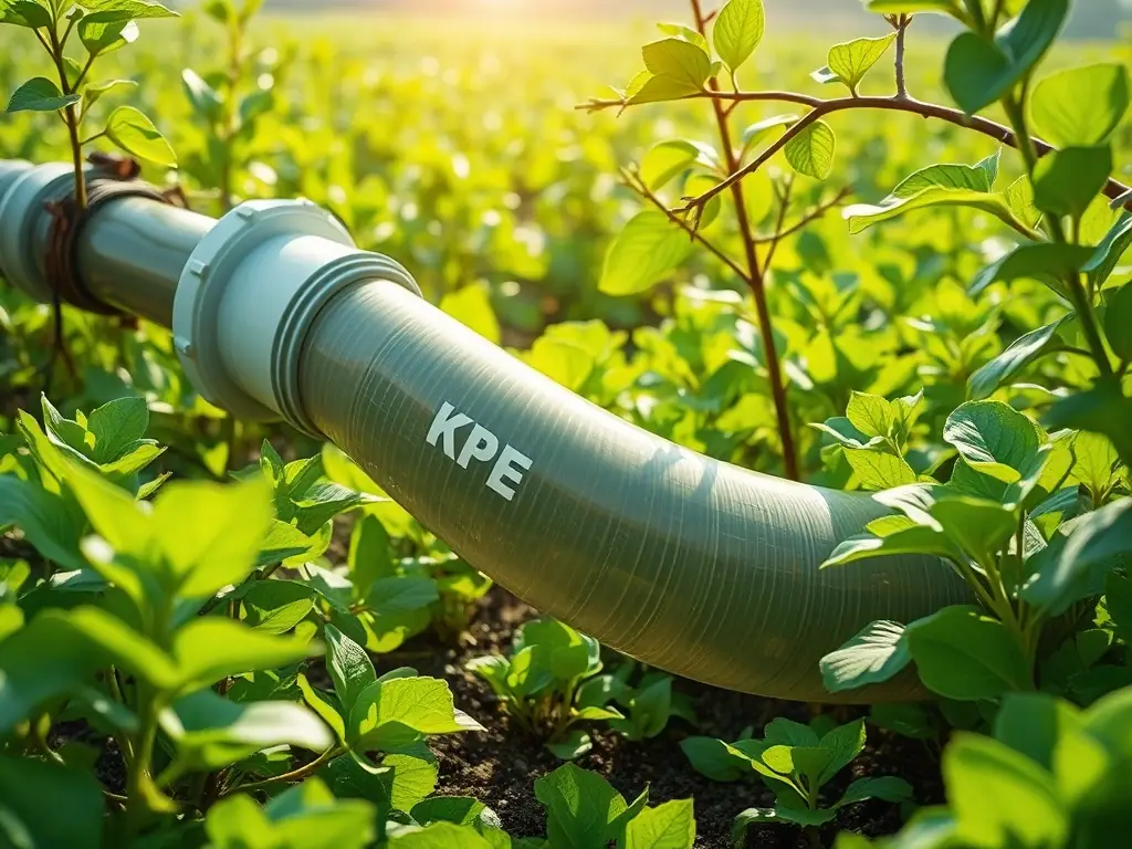 A wide shot of various applications of single-wall polyethylene pipes, including agricultural irrigation, residential water supply, and industrial fluid transfer.