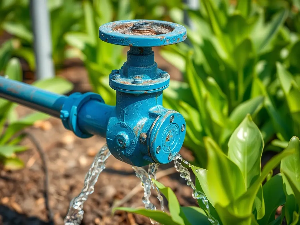 A close-up image of a blue ductile iron valve installed in an agricultural irrigation system, with water flowing through it. The valve is surrounded by lush greenery, emphasizing its role in efficient water management.